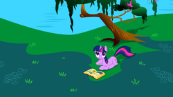 Size: 1920x1080 | Tagged: safe, derpibooru import, screencap, twilight sparkle, unicorn twilight, pony, unicorn, friendship is magic, g4, book, book of harmony, female, horn, mare, my little pony: friendship is magic, outdoors, tree