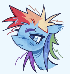 Size: 1257x1335 | Tagged: safe, artist:onionpwder, derpibooru import, rainbow dash, pegasus, pony, g4, alternate eye color, alternate hairstyle, blue blush, blue coat, blue eyes, blue pupils, blush lines, blushing, bust, colored eyebrows, colored pupils, ear fluff, ears, eyebrow piercing, female, frown, mare, multicolored hair, multicolored mane, narrowed eyes, piercing, pixel-crisp art, profile, rainbow hair, shiny mane, solo, spiky mane