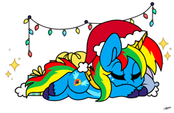 Size: 1600x1037 | Tagged: safe, artist:princessmoonsilver, derpibooru import, oc, oc:shield wing, alicorn, pony, christmas, christmas lights, hat, holiday, santa hat, simple background, sleeping, solo, transparent background