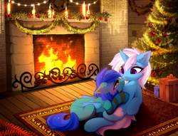 Size: 4505x3443 | Tagged: safe, artist:empress-twilight, derpibooru import, oc, oc only, oc:gentle heart, oc:melody, bat pony, pony, unicorn, bat pony oc, blue coat, blue mane, blue tail, blushing, butt fluff, candle, cheek fluff, chest fluff, christmas, christmas tree, clothes, colored pupils, colored wings, commission, cuddling, detailed background, ear blush, ear fluff, ears, eye clipping through hair, eyebrows, eyebrows visible through hair, eyelashes, fangs, female, female oc, fireplace, folded wings, golden eyes, green coat, hearth's warming, hearth's warming eve, high res, hock fluff, holiday, horn, indoors, leg fluff, lesbian, lidded eyes, looking at each other, looking at someone, lying down, mare, mare oc, oc x oc, on back, pink mane, pink tail, present, purple eyes, purple pupils, rug, shiny mane, shiny tail, shipping, shoulder fluff, slit eyes, smiling, smiling at each other, socks, striped socks, tail, thin, tree, two toned mane, two toned tail, two toned wings, unicorn horn, unicorn oc, wings, wreath, ych result