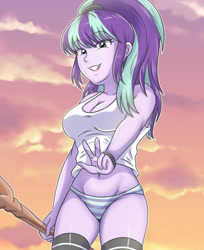 Size: 2850x3500 | Tagged: safe, artist:sumin6301, derpibooru import, starlight glimmer, human, equestria girls, g4, 2d, bangs, belly, belly button, big breasts, breasts, cleavage, clothes, eyebrows, eyebrows visible through hair, eyeshadow, female, grin, high res, looking at you, looking down, looking down at you, makeup, midriff, one eye closed, outdoors, panties, peace sign, ponytail, s5 starlight, sleeveless, smiling, smiling at you, socks, solo, staff, staff of sameness, starlight jiggler, striped panties, striped underwear, sunset, tanktop, thigh highs, underwear, wink