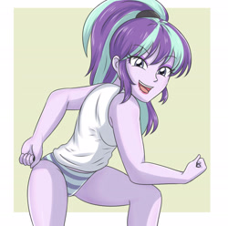 Size: 3000x2979 | Tagged: safe, artist:sumin6301, derpibooru import, starlight glimmer, human, equestria girls, g4, 2d, bangs, breasts, cleavage, clothes, eyebrows, eyebrows visible through hair, eyeshadow, female, high res, looking at you, makeup, open mouth, open smile, panties, passepartout, ponytail, pose, s5 starlight, sleeveless, smiling, smiling at you, solo, striped panties, striped underwear, tanktop, underwear