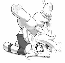 Size: 2067x1985 | Tagged: safe, artist:pabbley, derpibooru import, derpy hooves, pegasus, pony, g4, :p, backbend, black and white, bubble butt, butt, cable, clothes, clumsy, derpy being derpy, female, folded wings, frog (hoof), grayscale, mare, monochrome, plot, plug, power cord, shirt, simple background, smiling, solo, sweat, sweatdrops, tongue, tongue out, underhoof, white background, wings