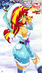 Size: 1600x2720 | Tagged: safe, alternate version, artist:mauroz, derpibooru import, sunset shimmer, human, equestria girls, g4, anime, anime style, ass, bunset shimmer, butt, christmas, christmas 2024, clothes, costume, focus, hat, holiday, male, offscreen character, pov, santa costume, santa hat