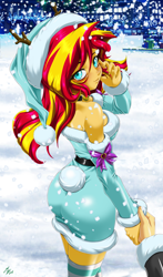 Size: 1600x2720 | Tagged: safe, alternate version, artist:mauroz, derpibooru import, sunset shimmer, human, equestria girls, g4, anime, anime style, ass, bunset shimmer, butt, christmas, christmas 2024, clothes, costume, female, focus, hat, holiday, male, offscreen character, pov, santa costume, santa hat