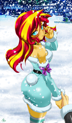 Size: 1600x2720 | Tagged: safe, alternate version, artist:mauroz, derpibooru import, sunset shimmer, human, equestria girls, g4, anime, anime style, bunset shimmer, butt, christmas, christmas 2024, clothes, costume, focus, hat, holiday, male, offscreen character, pov, santa costume, santa hat