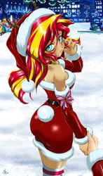 Size: 1600x2720 | Tagged: safe, alternate version, artist:mauroz, derpibooru import, apple bloom, applejack, fluttershy, pinkie pie, rainbow dash, spike, sunset shimmer, human, equestria girls, g4, anime, anime style, bunset shimmer, butt, christmas, christmas 2024, clothes, costume, female, focus, hat, holiday, humanized, male, offscreen character, pov, santa costume, santa hat, sleeping