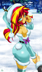 Size: 1600x2720 | Tagged: safe, alternate version, artist:mauroz, derpibooru import, sunset shimmer, human, equestria girls, g4, anime, anime style, ass, bunset shimmer, butt, christmas, christmas 2024, clothes, costume, focus, hat, holiday, male, offscreen character, pov, santa costume, santa hat