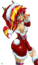 Size: 1600x2720 | Tagged: safe, alternate version, artist:mauroz, derpibooru import, sunset shimmer, human, equestria girls, g4, anime, anime style, bunset shimmer, butt, christmas, christmas 2024, clothes, costume, female, focus, hat, holiday, male, offscreen character, pov, santa costume, santa hat