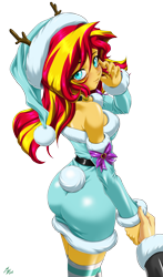 Size: 1600x2720 | Tagged: safe, alternate version, artist:mauroz, derpibooru import, sunset shimmer, human, equestria girls, g4, anime, anime style, bunset shimmer, butt, christmas, christmas 2024, clothes, costume, focus, hat, holiday, male, offscreen character, pov, santa costume, santa hat, simple background, transparent background