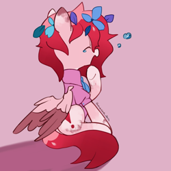 Size: 4096x4096 | Tagged: safe, artist:metaruscarlet, derpibooru import, oc, oc only, oc:metaru scarlet, pegasus, pony, clothes, flower, flower in hair, folded wings, leaves, leaves in hair, pegasus oc, ponysona, shadow, solo, spotted, wings, yawn