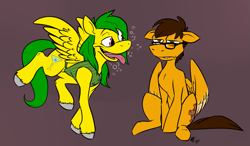 Size: 1313x768 | Tagged: safe, artist:dingotk, derpibooru import, oc, oc only, pegasus, pony, brown background, clothes, drunk, duo, male, pegasus oc, simple background, stallion, tongue, tongue out, unamused, wings