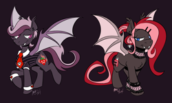 Size: 1500x900 | Tagged: safe, artist:dingotk, derpibooru import, oc, oc only, bat pony, pony, 2014, bat pony oc, bat wings, choker, clothes, cuffs (clothes), duo, female, male, mare, necktie, raised hoof, raised leg, stallion, wings