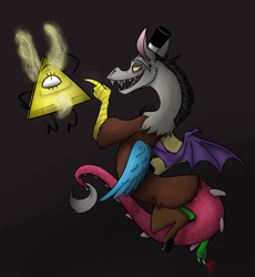 Size: 3808x4139 | Tagged: safe, artist:dingotk, derpibooru import, discord, draconequus, g4, 2014, bill cipher, crossover, dark background, duo, gravity falls, hat, male, smiling, tail, top hat, wings