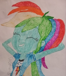 Size: 866x1008 | Tagged: safe, artist:the spectres, derpibooru exclusive, derpibooru import, rainbow dash, human, equestria girls, g4, ^^, clothes, cute, dashabetes, eyes closed, female, grin, marker drawing, relaxing, smiling, solo, traditional art