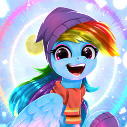 Size: 2400x2406 | Tagged: safe, artist:darksly, derpibooru import, rainbow dash, pegasus, pony, g4, beanie, clothes, cute, dashabetes, eyeshadow, female, gloves, hat, hoof fluff, looking at you, makeup, mare, my little pony best gift ever, my little pony: friendship is magic, open mouth, open smile, rainbow dash is best pony, scarf, smiling, smiling at you, solo, teeth, wing fluff, wings