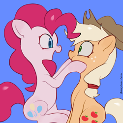 Size: 4096x4096 | Tagged: safe, artist:metaruscarlet, derpibooru import, applejack, pinkie pie, earth pony, pony, g4, applejack's hat, blue background, clothes, cowboy hat, freckles, hat, jumping, looking at each other, looking at someone, open mouth, raised hoof, raised leg, simple background, squeezing, surprised