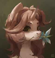 Size: 1896x2000 | Tagged: safe, artist:rvsd, derpibooru import, oc, oc only, pony, unicorn, bust, commission, female, flower, flower in mouth, gradient background, horn, looking at you, mare, mouth hold, smiling, smiling at you, solo