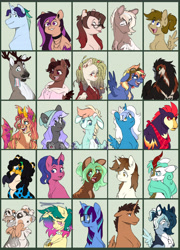 Size: 6900x9600 | Tagged: oc name needed, safe, artist:chub-wub, derpibooru import, part of a set, oc, oc only, oc:arigaa, oc:bed head, oc:casimir, oc:cloudy glow, oc:doodles, oc:dorm pony, oc:fjord, oc:fleurbelle, oc:minerva, oc:mochii madness, oc:moonlotus, oc:nova skylark, oc:omega, oc:orbit, oc:pandora, oc:piercing cry, oc:pone, oc:ribbi, oc:sandstorm, oc:stella artist, oc:tart cherry, oc:violet dream, alicorn, deer, deer pony, draconequus, earth pony, frog, frog pony, griffon, hybrid, kirin, original species, pegasus, peryton, pony, reindeer, unicorn, g4, absurd resolution, alicorn oc, antlers, back scar, bags under eyes, bald face, band-aid, band-aid on nose, bandana, bangs, beak, beanie, beige coat, beige fur, big ears, big grin, black fur, black sclera, black tongue, blaze (coat marking), blue body, blue coat, blue eyes, blue fur, blue hair, blue mane, blue wingtips, body scar, bow, braid, braided ponytail, brown coat, brown eyes, brown mane, brown wingtips, bust, caribou, chest fluff, chest marking, choker, cigarette, clothes, coat, coat markings, colored antlers, colored ear fluff, colored ears, colored eartips, colored eyebrows, colored head, colored horn, colored horns, colored nose, colored pinnae, colored sclera, colored sketch, colored tongue, colored wings, colored wingtips, countershading, cream coat, cream fur, curly hair, curly mane, cyan eyes, draconequus oc, ear fluff, ear markings, ear piercing, earring, ears, earth pony oc, exposed bone, eye markings, eyebrows, eyebrows visible through hair, eyelashes, eyeshadow, facial markings, fangs, feather, feather in hair, female, female oc, floppy ears, flower, flower in hair, flowing mane, folded wings, freckles, frown, glasses, goggles, goggles on head, golden eyes, gradient coat, gradient mane, gradient pinnae, gradient wings, gray coat, gray eyes, gray wings, green eyes, green mane, green sclera, green wings, griffon oc, grin, hair accessory, hair bow, hair tie, hat, hatching (technique), head fluff, head turn, heart necklace, height difference, high, holding a flag, horn, horns, industrial piercing, interspecies offspring, jewelry, kirin horn, kirin oc, leg markings, lidded eyes, light blue coat, long mane, long tongue, looking at you, looking back, magical lesbian spawn, makeup, male, male alicorn, male alicorn oc, male oc, mane accessory, mane tie, mare oc, mask, mohawk, monster, mouth hold, multicolored mane, multicolored wings, multicolored wingtips, narrowed eyes, neckerchief, necklace, nervous, next generation, nose piercing, nose ring, offspring, one eye closed, open mouth, parent:discord, parent:fluttershy, parent:spitfire, parent:tempest shadow, parents:discoshy, parents:tempestfire, partially open wings, pearl necklace, pegasus oc, physique difference, piercing, pigtails, pink coat, pink sclera, ponified, ponified oc, ponysona, ponytail, portrait, prehensile tongue, pride, pride flag, purple coat, purple eyes, purple eyeshadow, purple mane, purple wingtips, red eyes, red mane, reindeer oc, requested art, round glasses, scar, septum piercing, sharp teeth, shiny horns, short mane, sketch, small wings, smiling, smiling at you, smoking, snip (coat marking), species swap, speedpaint available, spread wings, stallion, stallion oc, star (coat marking), sternocleidomastoid, straight mane, striped mane, stripes, tall ears, tan coat, teal eyes, teal mane, teeth, three quarter view, three toned mane, tongue, tongue out, transgender pride flag, two toned hair, two toned mane, two toned wings, two toned wingtips, unamused, unicorn horn, unicorn oc, wall of tags, wavy mane, white coat, white mane, white wings, wicks, wing markings, wing stripes, wings, wings down, wink, youtube link in the description, youtube link in the source