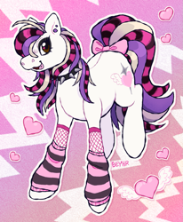 Size: 1111x1349 | Tagged: safe, artist:beyhr, derpibooru import, oc, oc only, oc:kandi kadaver, earth pony, pony, art trade, black eyeshadow, brown eyes, clothes, collar, coontails, ear piercing, earring, earth pony oc, eyeshadow, female, female oc, fishnet clothing, fishnet stockings, floating heart, gauges, gradient background, heart, heart eyes, jewelry, leg warmers, looking at you, makeup, mare, mare oc, multicolored mane, multicolored tail, open mouth, open smile, outline, piercing, pink bow, profile, scene, scene hair, shiny mane, shiny tail, signature, smiling, smiling at you, solo, spiked collar, standing, stockings, striped leg warmers, tail, tail accessory, textured background, thigh highs, tongue piercing, white coat, wingding eyes