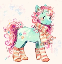 Size: 943x982 | Tagged: safe, artist:lutraviolet, derpibooru import, minty, earth pony, pony, g3, abstract background, alternate cutie mark, alternate design, blaze (coat marking), blushing, body fluff, butt fluff, clothes, coat markings, curly hair, curly mane, curly tail, cute, ear fluff, ears, eyelashes, facial markings, female, freckles, green coat, hair accessory, hatching (technique), mane accessory, mare, mint coat, mintybetes, orange socks, pink mane, pink tail, redraw, scarf, signature, smiling, socks, solo, standing, striped scarf, striped socks, tail, tail accessory, three quarter view, two toned mane, two toned tail