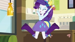 Size: 1100x618 | Tagged: safe, derpibooru import, screencap, rarity, equestria girls, g4, arms, arms in the air, belt, boots, bracelet, breasts, bust, clothes, cute, elbowed sleeves, excited, eyelashes, eyes closed, eyeshadow, female, hand, hands in the air, happy, indoors, jewelry, jumping, leaping, legs, long hair, makeup, my little pony equestria girls, open mouth, open smile, primal, raised boot, raised leg, raribetes, rarisass, shoes, skirt, smiling, teenager, top, triumph, wondercolt ears, wondercolt tail