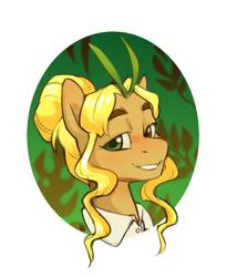 Size: 1344x1636 | Tagged: safe, artist:jewellier, derpibooru import, oc, oc:ylang-ylang, pony, blonde, blonde mane, bust, colored sketch, hair bun, looking at you, male, partial background, ponified, ponified oc, portrait, sketch, smiling, solo, species swap, stallion, stallion oc