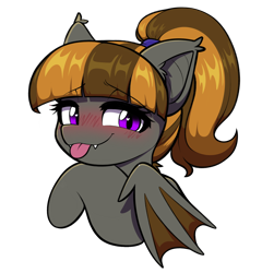 Size: 1724x1794 | Tagged: safe, artist:moozua, derpibooru import, oc, oc only, oc:mythic dawn, bat pony, pony, bangs, bat pony oc, bat wings, bedroom eyes, black outlines, blush scribble, blushing, brown mane, bust, colored wings, commission, cute, ear fluff, ear tufts, ears, eye clipping through hair, eyebrows, eyebrows visible through hair, eyelashes, fangs, female, female oc, folded wings, gradient eyes, gray coat, hair tie, heart, heart eyes, lidded eyes, looking at you, mane tie, mare, mare oc, ponytail, purple eyes, shiny mane, simple background, smiling, smiling at you, solo, three quarter view, tongue, tongue out, transparent background, two toned mane, two toned wings, wingding eyes, wings