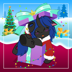 Size: 5000x5000 | Tagged: safe, artist:jhayarr23, derpibooru import, oc, oc only, oc:swift dawn, changeling, absurd resolution, blue changeling, blushing, bow, changeling in a box, changeling oc, christmas, christmas changeling, christmas lights, christmas tree, clothes, commission, confetti, costume, cute, detailed background, ears, eyes closed, fangs, floppy ears, frog (hoof), holiday, horn, looking at you, male, ornaments, present, santa costume, smiling, smiling at you, solo, tongue, tongue out, tree, underhoof, ych result