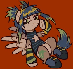 Size: 1495x1409 | Tagged: safe, artist:kickaroc, derpibooru import, oc, oc only, pegasus, pony, clothes, leg warmers, scene hair, shirt, smiling, smirk, solo, spread wings, torn clothes, wings