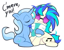 Size: 2006x1559 | Tagged: safe, artist:rennygallery, derpibooru import, dj pon-3, trixie, vinyl scratch, pony, unicorn, g4, :3, clothes, cuddling, curved horn, dj lulamoon, duo, duo female, eyes closed, female, horn, kiss on the cheek, kissing, lesbian, mare, scarf, shipping, simple background, smiling, white background