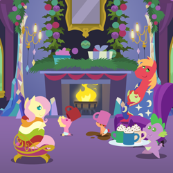 Size: 2160x2160 | Tagged: safe, anonymous artist, derpibooru import, big macintosh, fluttershy, spike, oc, oc:apple sorbet, oc:late riser, oc:pink lemonade, dragon, earth pony, pegasus, pony, series:fm holidays, series:hearth's warming advent calendar 2024, g4, advent calendar, alternate hairstyle, armchair, baby, baby pony, blanket, chair, chocolate, christmas, colt, family, father and child, father and son, female, fire, fireplace, fluttermac, foal, food, high res, holiday, hot chocolate, hug, licking, licking lips, lineless, male, mare, mug, offspring, parent and child, parent:big macintosh, parent:fluttershy, parents:fluttermac, pointy ponies, shipping, short mane, silly, sitting, stallion, straight, toddler, tongue, tongue out, twilight's castle, wingless spike