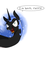 Size: 523x717 | Tagged: safe, artist:gorillaz-24, derpibooru import, nightmare moon, alicorn, pony, g4, colored, drawthread, female, i'm back, mare, signature, simple background, solo, speech bubble, talking, transparent background, vulgar