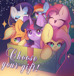 Size: 2650x2700 | Tagged: safe, artist:miryelis, derpibooru import, applejack, fluttershy, pinkie pie, rainbow dash, rarity, twilight sparkle, twilight sparkle (alicorn), alicorn, earth pony, pegasus, pony, unicorn, g4, box, christmas, christmas lights, christmas tree, cute, daaaaaaaaaaaw, dashabetes, diapinkes, holiday, horn, jackabetes, mane six, present, raribetes, shyabetes, smiling, sweet dreams fuel, text, tree, twiabetes, weapons-grade cute