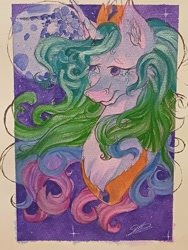 Size: 3000x4000 | Tagged: safe, artist:wolfieswap, derpibooru import, princess celestia, alicorn, pony, g4, bust, chest fluff, crying, ear fluff, ears, female, high res, looking up, mare, mare in the moon, moon, solo, traditional art