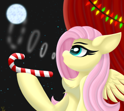 Size: 2000x1800 | Tagged: safe, artist:twinky, derpibooru import, fluttershy, pegasus, pony, g4, breath, candy, candy cane, chest fluff, female, food, full moon, garland, mare, moon, night, night sky, sky, smoke rings, wings