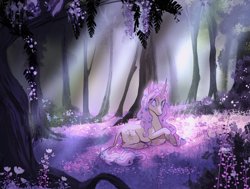 Size: 2448x1855 | Tagged: safe, artist:peachmichea, derpibooru import, fluttershy, pony, unicorn, g4, alternate cutie mark, animal, butt fluff, colored hooves, commission, curved horn, dappled sunlight, female, flower, flower in hair, flower in tail, forest, full body, glade, hair over one eye, hooves, horn, leonine tail, lying down, mare, nature, prone, race swap, solo, species swap, tail, tree, unicorn fluttershy