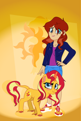 Size: 1412x2100 | Tagged: safe, artist:prixy05, derpibooru import, sunset shimmer, human, pony, unicorn, g4, clothes, female, gradient background, horn, human ponidox, humanized, leonine tail, light skin, self paradox, self ponidox, solo, tail