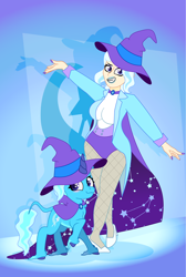 Size: 1412x2100 | Tagged: safe, artist:prixy05, derpibooru import, trixie, human, pony, unicorn, g4, breasts, cape, clothes, female, gradient background, hat, horn, human ponidox, humanized, leonine tail, light skin, self paradox, self ponidox, solo, tail, titsie, trixie's cape, trixie's hat