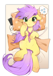 Size: 2916x4200 | Tagged: safe, artist:amo, derpibooru import, oc, oc only, oc:plum blossoms, earth pony, pony, bed, belly fluff, blushing, bowtie, cellphone, chest fluff, commission, earbuds, emoji, female, frog (hoof), hoof on chest, indoors, looking at you, lying down, mare, neck ribbon, on back, on bed, out of frame, passepartout, phone, pillow, polka dots, smartphone, solo, speech bubble, text, underhoof, unshorn fetlocks, 💦