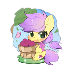 Size: 3500x3500 | Tagged: safe, artist:amo, derpibooru import, oc, oc only, oc:plum blossoms, butterfly, earth pony, pony, basket, blushing, bowtie, earth pony oc, female, grass, grass field, green eyes, leaves, looking at you, mare, outdoors, plum, purple mane, simple background, sitting, smol, solo, tree, white background