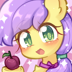 Size: 450x450 | Tagged: safe, artist:yilo, derpibooru import, oc, oc only, oc:plum blossoms, earth pony, pony, blushing, bowtie, female, green eyes, hoof hold, looking at you, mare, plum, purple mane, smiling, smiling at you, solo, striped background, sunburst background