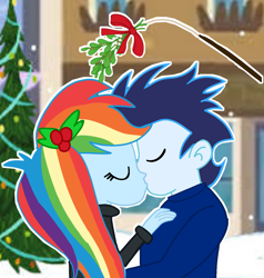 Size: 1277x1341 | Tagged: safe, artist:soarindasher10, derpibooru import, rainbow dash, soarin', human, equestria girls, g4, christmas, christmas tree, clothes, cute, dashabetes, female, heartwarming, holiday, kiss on the lips, kissing, male, mistletoe, primal, rainbow dash is best human, shipping, soarinbetes, soarindash, straight, sweater, sweet dreams fuel, tree