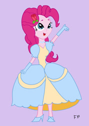 Size: 1280x1797 | Tagged: safe, artist:funnypancake, derpibooru import, pinkie pie, human, equestria girls, g4, cinderella, clothes, cute, diapinkes, dress, evening gloves, female, flower, flower in hair, glass slipper (footwear), gloves, gown, jetlag productions, jewelry, long gloves, necklace, open mouth, open smile, pearl necklace, poofy shoulders, rose, smiling, solo