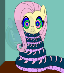 Size: 1200x1359 | Tagged: safe, artist:dewottreborn, artist:genesis-wolf-leon, derpibooru import, fluttershy, pegasus, pony, snake, g4, coils, cute, cute smile, female, hypno eyes, hypnoshy, hypnosis, hypnotized, kaa eyes, mare, shyabetes, smiling, solo, wrapped snugly, wrapped up