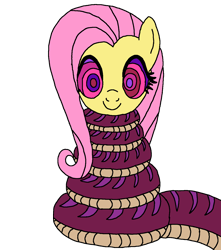 Size: 1200x1359 | Tagged: safe, artist:dewottreborn, artist:genesis-wolf-leon, derpibooru import, fluttershy, pegasus, pony, snake, g4, coils, cute, cute smile, female, hypno eyes, hypnoshy, hypnosis, hypnotized, kaa eyes, mare, shyabetes, smiling, solo, vector, wrapped snugly, wrapped up