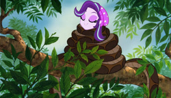 Size: 1280x734 | Tagged: safe, artist:tyriuskishayinew16, derpibooru import, starlight glimmer, human, python, snake, equestria girls, g4, 1890s, 19th century, asia, british raj, coils, cute, eyes closed, eyeshadow, female, glimmerbetes, grin, hat, hypnosis, hypnotized, india, kaa, makeup, sleeping, smiling, south asia, tree, victoiran, wrapped snugly, wrapped up