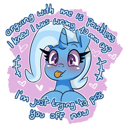 Size: 1176x1191 | Tagged: safe, artist:lou, derpibooru import, trixie, pony, unicorn, g4, blushing, bust, female, horn, mare, signature, simple background, solo, text, tongue, tongue out, transparent background, vulgar