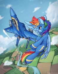 Size: 1518x1948 | Tagged: safe, artist:zeepheru, derpibooru import, rainbow dash, scootaloo, pegasus, pony, g4, blue angels, boeing, clothes, cloud, duo, f-15 eagle, female, filly, flying, foal, jet, jet fighter, jet plane, mare, plane, river, scenery, sky, uniform, water, wonderbolts, wonderbolts uniform