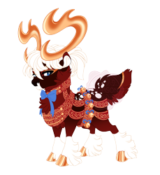 Size: 4766x5197 | Tagged: safe, artist:gigason, derpibooru import, oc, oc only, oc:nutcracker march, deer, reindeer, absurd resolution, adoptable, antlers, blue eyes, blue pupils, body fluff, buck, bushy tail, cheek fluff, chest fluff, cloven hooves, coat markings, colored, colored antlers, colored belly, colored ears, colored eartips, colored head, colored hooves, colored nose, colored pinnae, colored pupils, countershading, deer oc, deer tail, ear fluff, ears, eye markings, facial markings, fetlock tuft, flat colors, fluffy tail, frown, garland, gold hooves, gradient legs, harness, hooves, jewelry, jingle bells, leg markings, lidded eyes, looking back, male, male oc, mantle, neck bow, non-pony oc, obtrusive watermark, pale belly, ponytail, red coat, red fur, red tail, reindeer oc, reins, sash, shiny antlers, shiny hooves, short hair, short mane, simple background, snip (coat marking), socks (coat marking), solo, spots, standing, tail, tail jewelry, tail markings, three quarter view, three toned ears, tied hair, tied mane, transparent background, watermark, white hair, white mane, yellow hooves